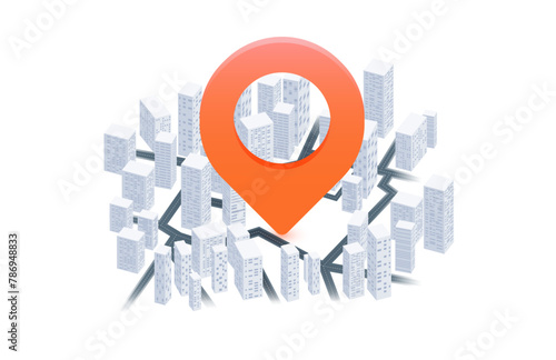 Abstract pin icon on the city map with houses. Transportation delivery, Locator position point. GPS tracking system to navigate. Location vector illustration on white background
