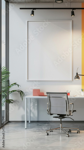 A modern office space boasts pops of bright color against a backdrop of neutral tones, with an empty white frame poised to capture the next stroke of genius.