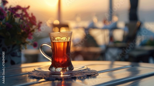 A cup of tea on a table with a beautiful sunset in the background. Ideal for relaxation and peaceful concepts
