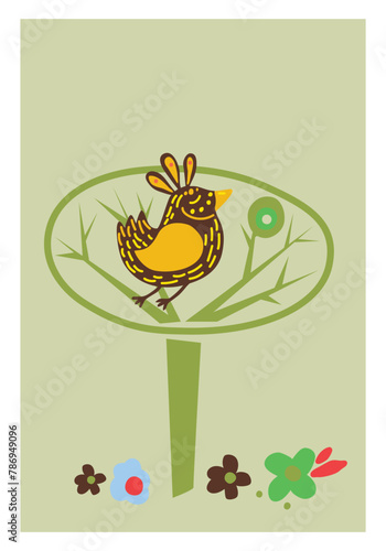 Fototapeta Naklejka Na Ścianę i Meble -  Brown bird on a green tree with flowers 
