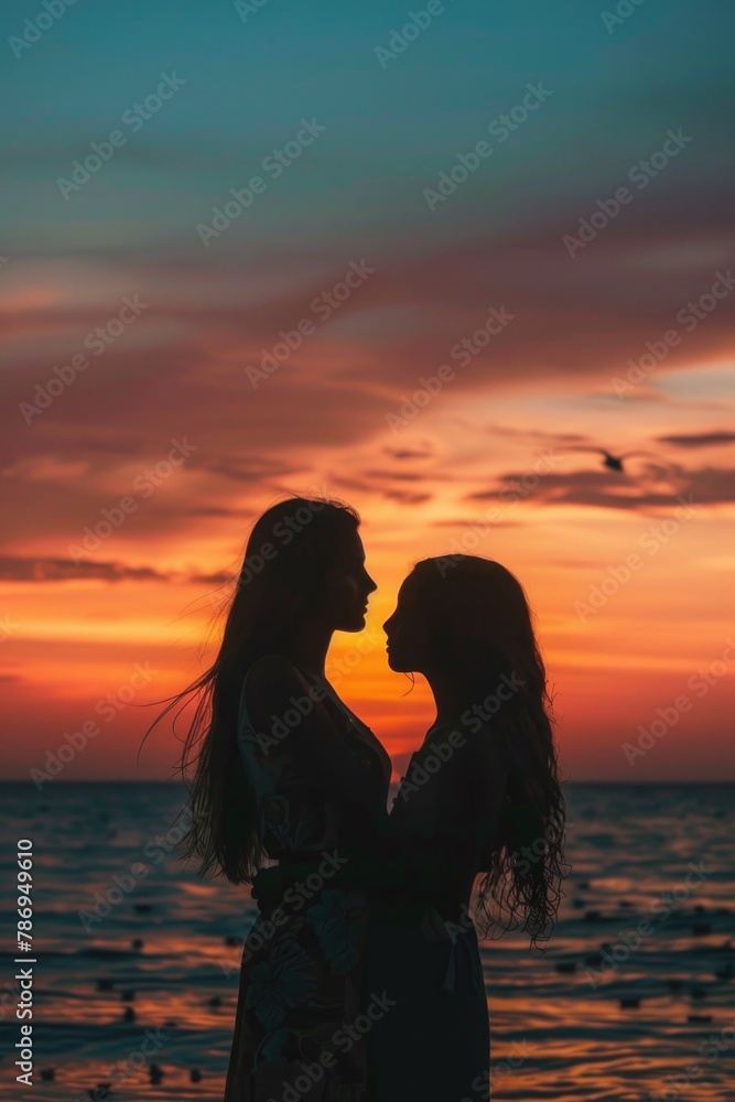 Two women standing together on a sandy beach, suitable for travel or friendship concepts