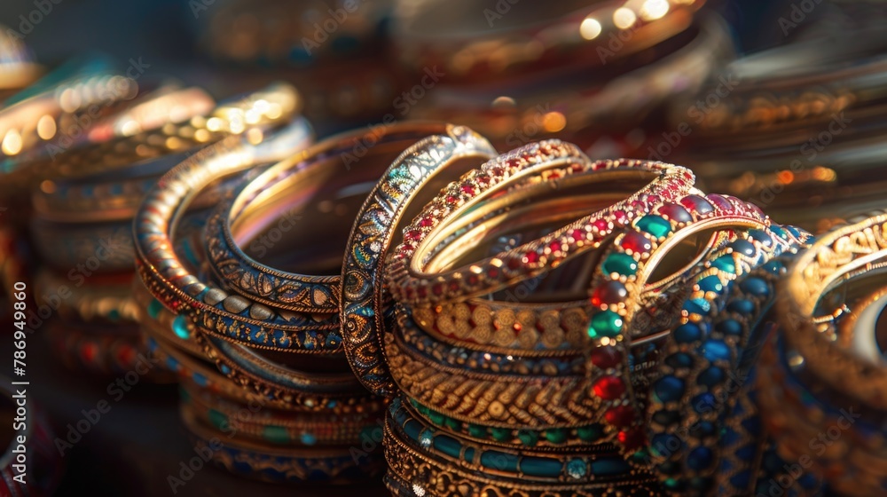 A close up of colorful bangles on a table, perfect for fashion or jewelry concepts