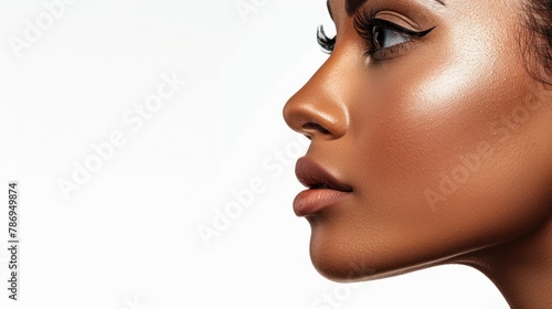 Beautiful woman with flawless skin on a white background. Side view portrait showing her full lips and natural makeup.