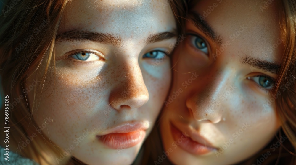 Two young women with freckles on their faces. Suitable for beauty and skincare concepts