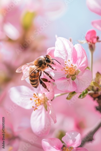 A bee on a pink flower with a blue sky in the background. Suitable for nature and gardening concepts