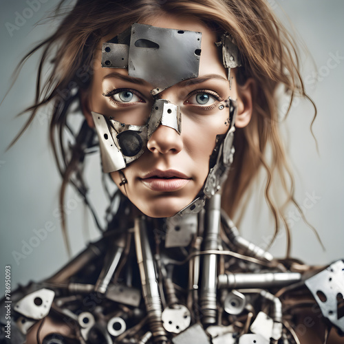 Portrait of a Futuristic Humanoid AI Robot Made of Old Rustic Scrap Metal