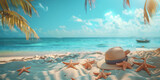 Summer beach photo with sand, sea, hat, star shells on blue sky background. Beach holiday concept. Copy space for text