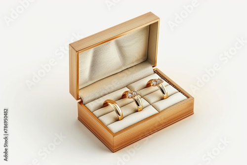 Wedding rings displayed in a rustic wooden box, perfect for wedding invitations or jewelry ads