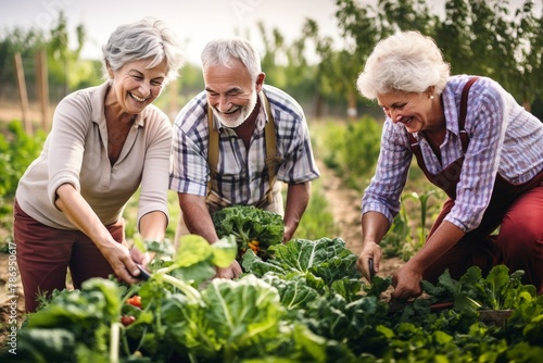 senior people in the garden harvesting tomatoes and vegetables