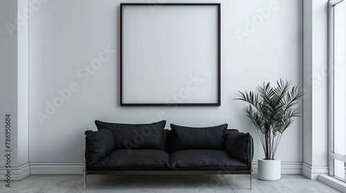 This minimalist living room exudes sophistication with its sleek black sofa against a backdrop of crisp white walls, featuring a pristine empty frame waiting for adornment.