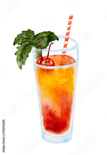 Orange and red summer drink cocktail with mint and straw, vector watercolor image, hand made not AI
