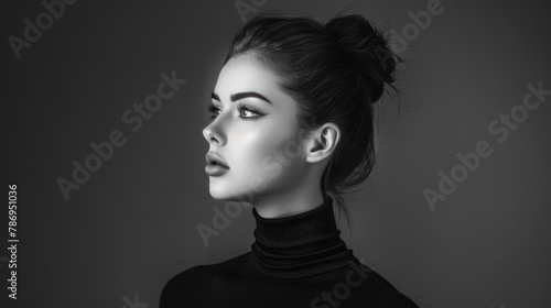 Elegant woman in a black turtleneck  her hair pulled up in a high bun. The photo is taken in a black and white art studio  conveying a sense of grace and poise.