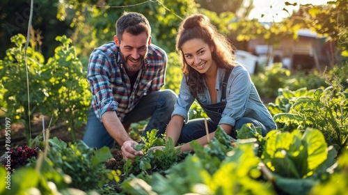 young couple smiling growing vegetables on farm