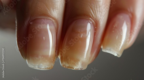 Nails showing signs of flaking, biting, and brittleness without a manicure. The regrowth of the nail cuticle and damage to the nail plate following gel polish application. photo
