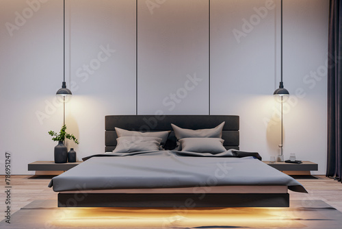 Intimate bedroom interior with understated wall lamps and wooden bedside shelf. Cozy living concept. 3D Rendering