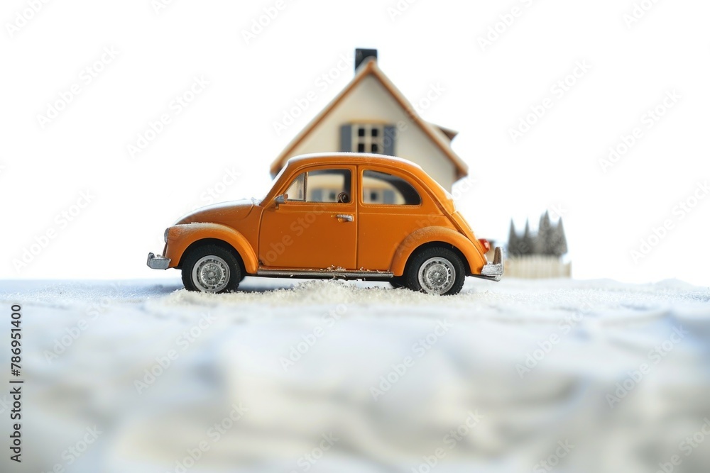 Fototapeta premium Orange toy car parked in front of a house, suitable for real estate concept