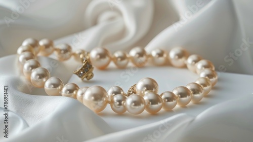 A beautiful white pearl bracelet with a shiny gold clasp. Perfect for elegant and sophisticated jewelry designs