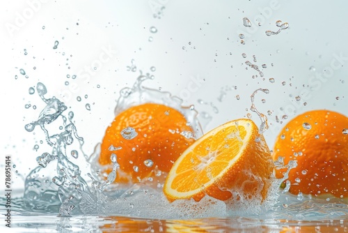 Fresh oranges falling into a body of water. Ideal for food and beverage advertisements