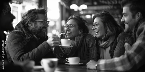 Group of people enjoying coffee together, perfect for cafe or social gatherings