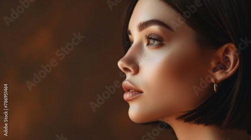 Profile portrait of a beautiful woman with bobbed hair and a golden earring against a dark brown background. Glamorous side view. 