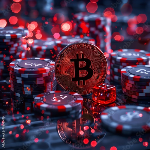 A red and black casino chip with a Bitcoin symbol in the center is sitting in front of a stack of red and black casino chips. There is a pair of red dice sitting next to the Bitcoin chip. The backgrou