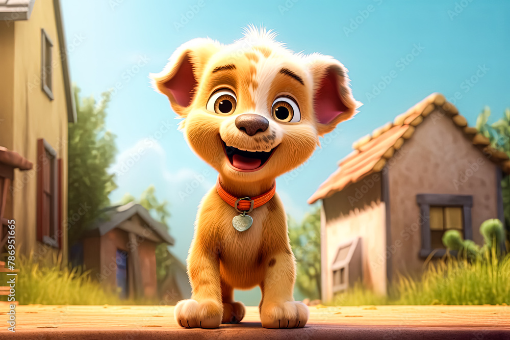 A cartoon dog is sitting on a sidewalk in front of a building. A cartoon dog is sitting on a sidewalk in front of a building.