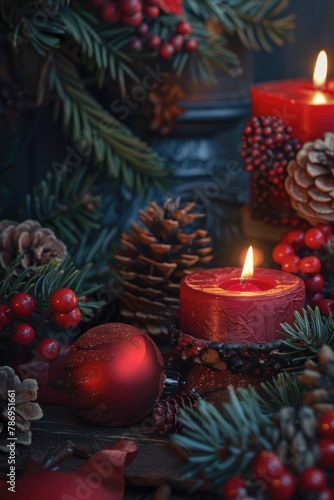 Close up of a lit candle surrounded by pine cones. Perfect for holiday and cozy atmosphere concepts