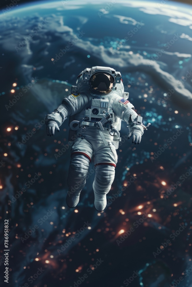 An astronaut floating in space above the earth. Suitable for science and technology concepts
