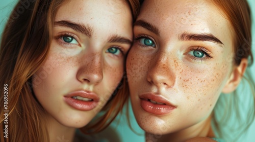 Close-up portrait of two young women with freckles. Suitable for beauty and diversity concepts