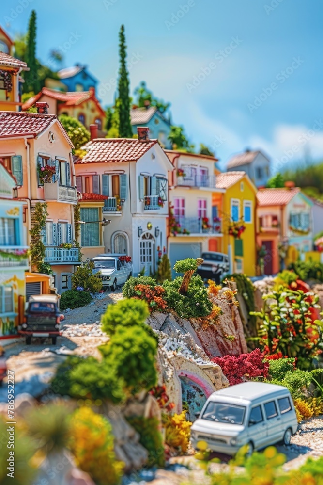 Miniature town model with a parked car, suitable for architectural and transportation concepts