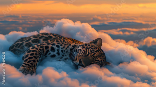 Illustration of a leopard sleeping soundly on a cloud at dusk
