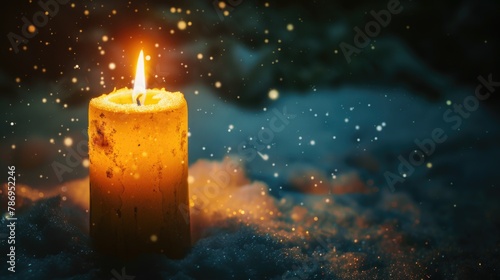 A lit candle sitting on top of snow covered ground. Suitable for winter and holiday themes