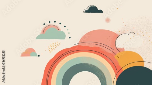 modern design of geometric rainbow and clouds, minimalist aesthetic, subdued colors, stylish retro