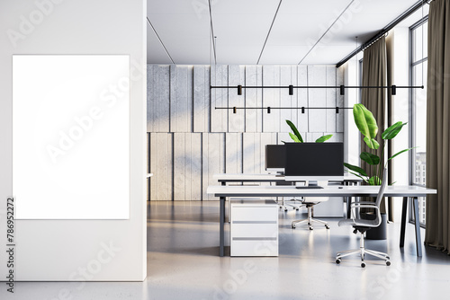 Bright office interior with a mockup blank frame and concrete wall details. 3D Rendering