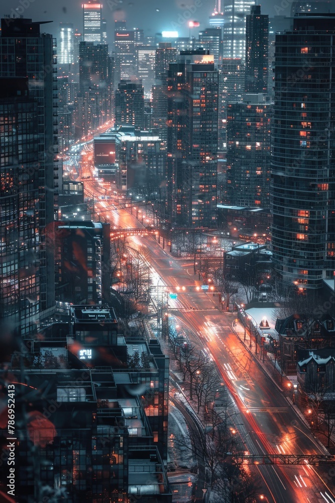 A stunning view of a city at night from a high rise building. Perfect for urban skyline concepts