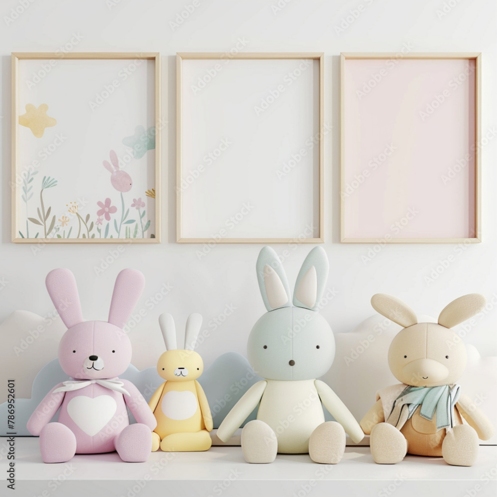 mockup kids bedroom, three frames of equal size portrait size, neutrals, minimal, boho, kids toys, bed mockup kids bedroom, three frames of equal size portrait size, neutrals, minimal, boho, kids toys, bed