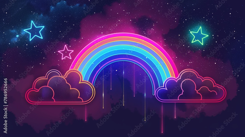 Neon outline of geometric rainbow, clouds on a starry night background, bold colors, 80s neon retro - obrazy, fototapety, plakaty 