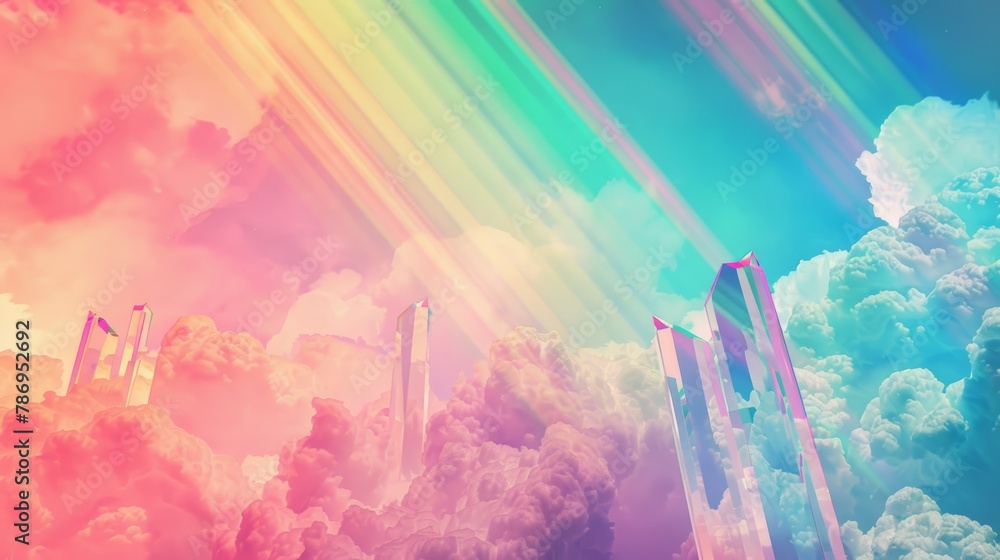 Rainbow, clouds rendered in geometric crystal style, translucent colors, retro 80s prismatic effect - obrazy, fototapety, plakaty 