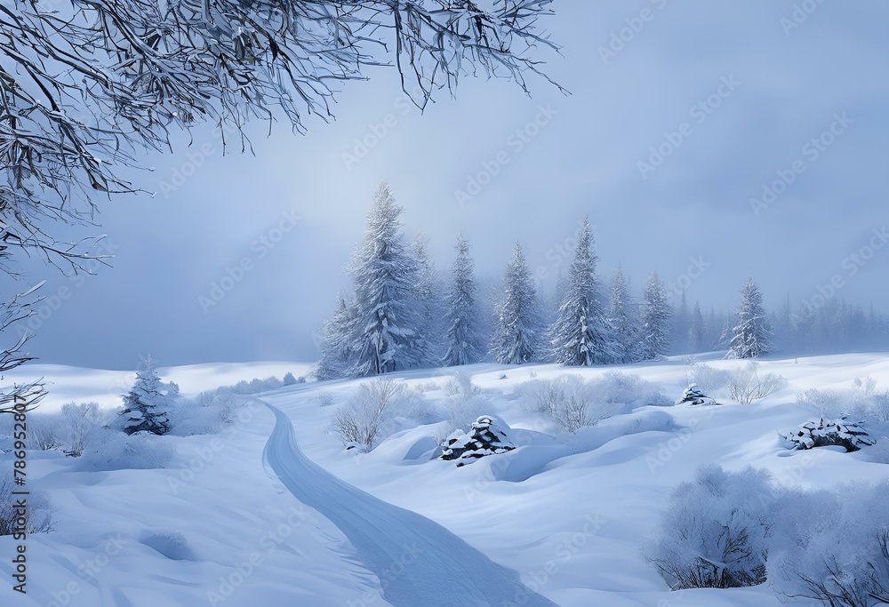 Path through a snowy forest clearing, AI-generated.