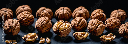Studio shot of walnut kernels lying against black background, side view, copy space, banner, space for text, backdrop, wallpaper photo