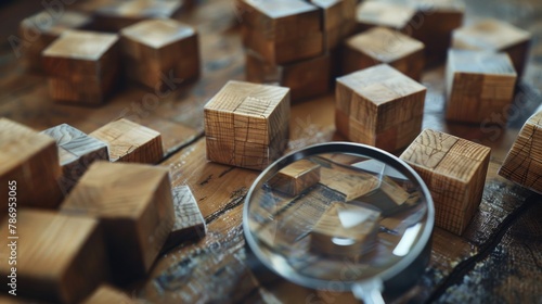 A magnifying glass placed on a wooden table. Perfect for scientific or detective concepts photo