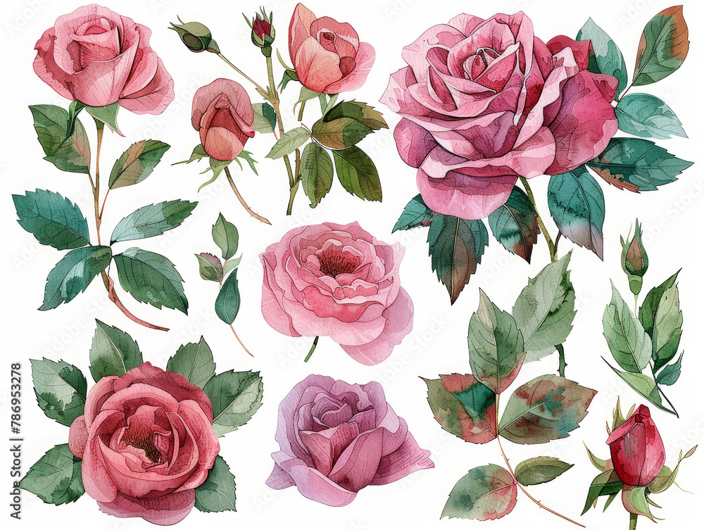 Set elementi acquerello di rose rosa; collezione fiori da giardino; foglie; rami. Botanica; illustrazione, eucalipto; design floreale di nozze - obrazy, fototapety, plakaty 