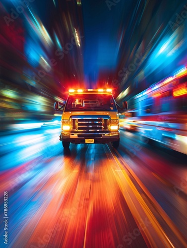 Fast-moving scene of an ambulance rushing to an urgent situation.