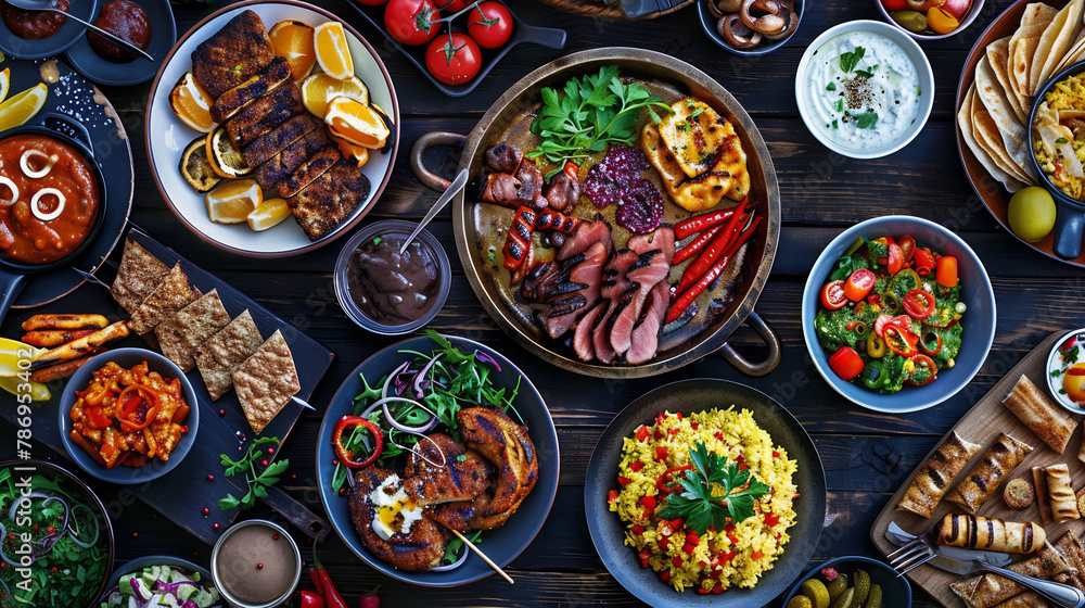 Assorted International Cuisine Spread on a Wooden Table, Featuring an Array of Dishes for Global Gastronomy Appreciation Assorted International Cuisine Spread on a Wooden Table, Featuring an Array of Dishes for Global Gastronomy Appreciation