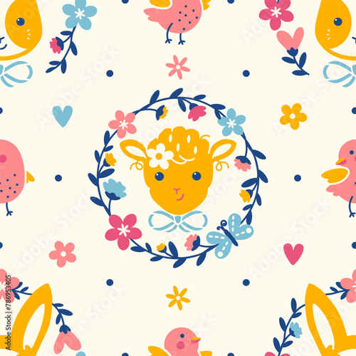 Cute animal seamless pattern. Little lamb, birds and baby bunny among the flowers. Baby Birthday or kids party vector background. Adorable textile or fabric