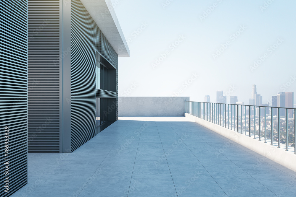 Obraz premium Contemporary urban balcony with striking blue flooring and minimalist design, city backdrop. 3D Rendering