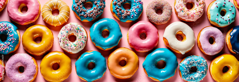 Fototapeta premium set of donuts, close-up photography of pastel colored treats on a pink surface with glazed and sprinkled details in organized rows