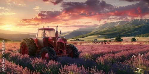A vibrant red tractor parked in a beautiful lavender field. Perfect for agricultural or countryside concepts