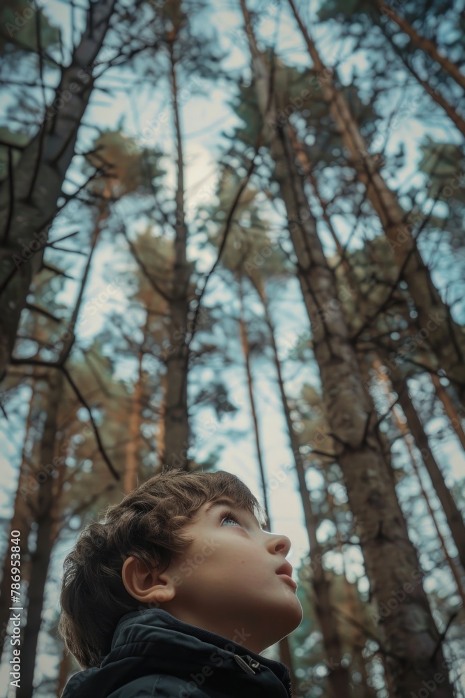 Young boy gazing at the sky, suitable for nature themes