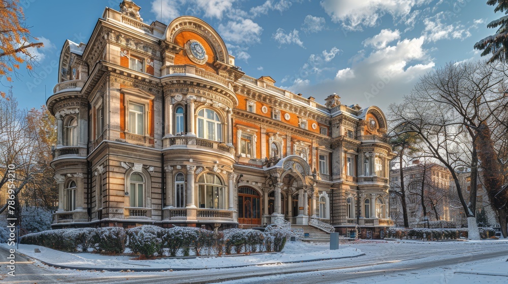 Obraz premium Grand historical building, adorned with intricate architectural details, bathed in warm sunlight against a crisp snowy background.